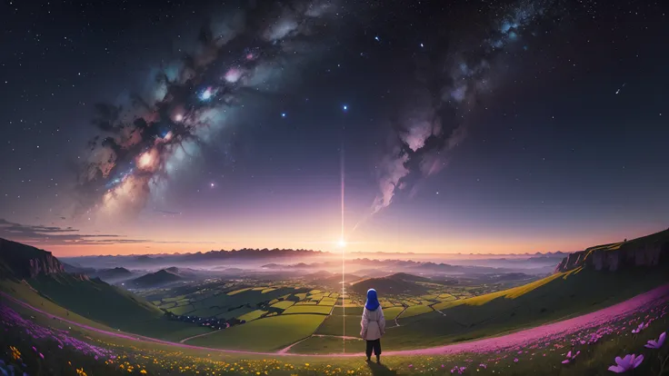 View from below overlooking the sky and street below, Muslim girl standing in a field of Higland flowers looking up, Campo bonito da flor, Sparkling lighting, Atmospheric Illumination, circunstanciado, millions of stars, A shooting star visible from the po...