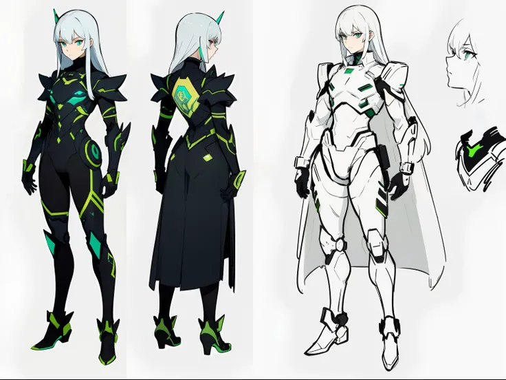 , femboy wearing a lightly armoured body suit, sci-fi themes, chest armour, gundam, best quality, arte oficial, Sketch line diagram, eye green, front view, back view, and side view of character, long hair