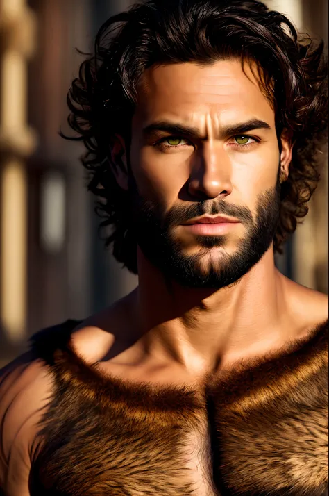 Male werewolf with sharp facial features, a prominent jawline and chin with a stunning set of amber eyes and dark hair