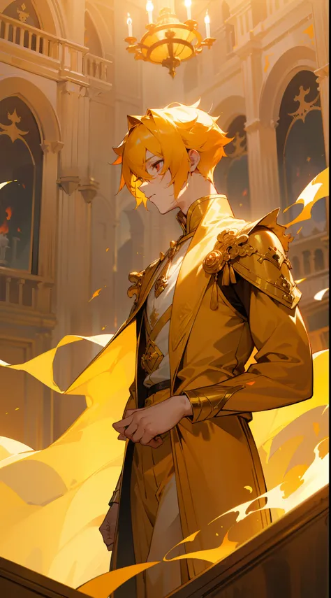 (Original Character,8k, Masterpiece, Best Quality,Detailed, Beautiful Detailed Eyes, solo),1boy,solo,20s,neutral face,white and golden prince outfit,((burning body,burning hair,fire body,fire hair)), yellow hair,short hair,red eyes,((standing in a room in ...