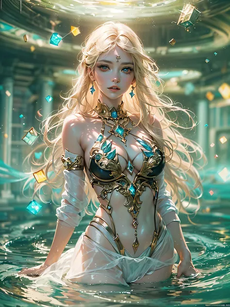 (a beautiful woman , blonde long hair, half-naked),bathing by the water , floating colorful sparkles, shiny skin, ultra-detailed face, detailed eyes, lustrous lips ,skinny physique, beautiful figure, cleavage, elegant,( Surrealism, complex background),(off...