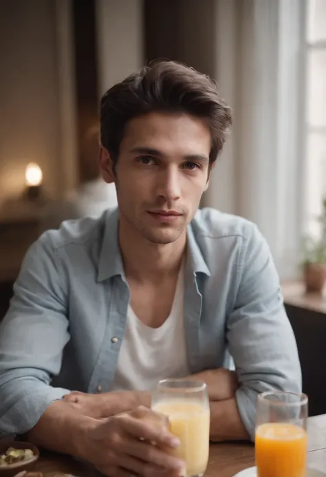 very skinny guy, Mexican, slightly messy hair, sitting at a table having breakfast, drinking orange juice, pills on the table, very handsome, baggy clothing, dark thick stubble, dark eyes, dark tanned skin, wearing a white wife beater, pill bottles visible...