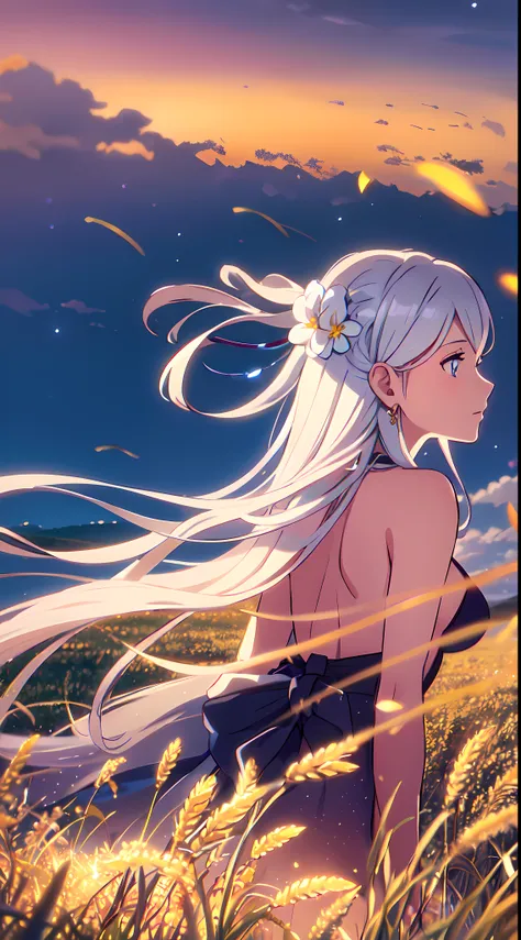 masterpiece, best quality, 1lady, solo, really long hair, white hair, (flowers hair ornament), light blue eyes, necklace, earrings, night, Vast sky, beautiful skyline, fireflies, fantasy, off shoulder blue dress, night scenery, behind view, back view, touc...