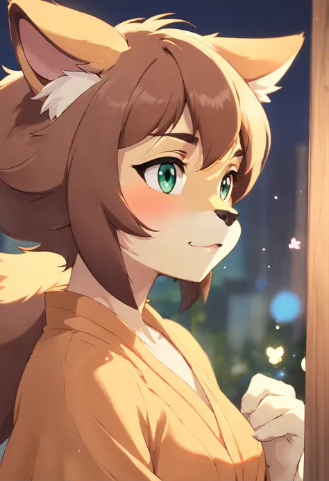 [NSFW:1.9](Furry art, Uploaded on e621:1.4),(fluffy anthro furry:1.6),((Young:1.6)),(Short stature)(Furry girl:1.7),furry gril,Canine nose,Fluffy hair，Voluptious body,Torii,Japan kimono,The upper body robe is open(Medium-sized breasts:1.1),(sexy breast),Tu...