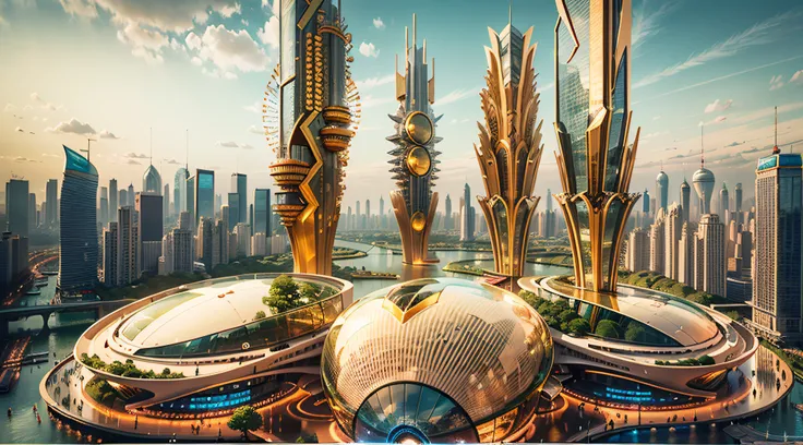 Enter a fascinating vision of the future through captivating futuristic images of the city of Shanghai. The towering giant skyscraper is decorated with gold ornaments and a smooth glass curtain wall，pierce the sky, The vibrant lights of the city that never...