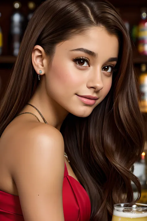 Arafed woman with long brown hair and a red dress, Retrato de Ariana Grande, Ariana Grande, ariana grande photography, Cerveza Madison, Retrato de la chica cervecera de Madison, Cerveza Madison, dark brown hair and tanned skin, brown-hair, brown hair, brow...