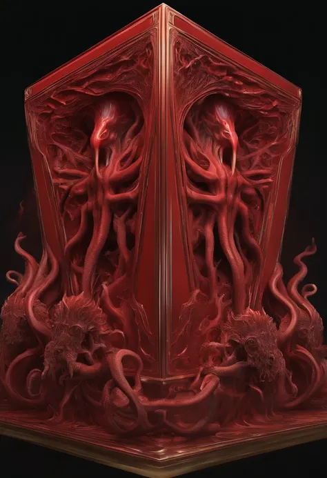 a cube-shaped monster, Cthulhu Mythos，Specialized in surrealism, Futuristic , coral, wizard, abstracted, Dark, Red, hell,