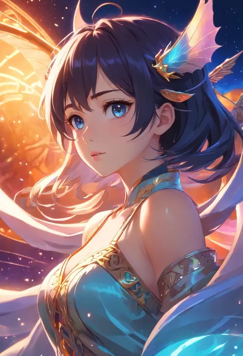 Succubus, bat wings, Hair is black, The glow of the rainbow envelops her,Gold Glow in Aquamarine Oriental Tent、Belly dancer in long white dress and blue blouse , Iridescent sky, Crystal Ocean, Sea life,the golden hour, No hands, focus on hips, Focus on Eye...