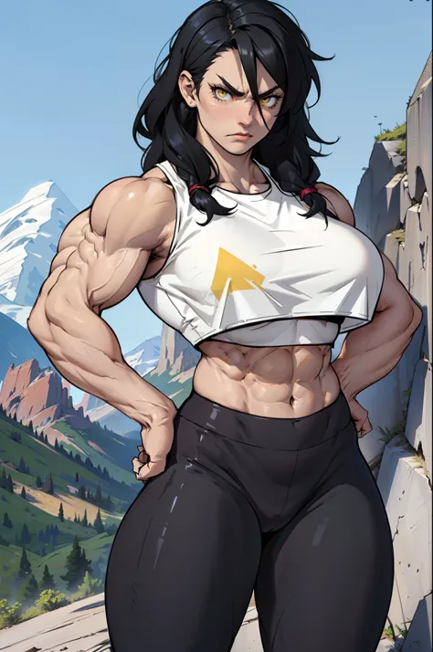 ((1 girl)), solo, black hair, extremely long hair, yellow eyes, (angry), pale skin, (((((((muscular))))))), ((thick thighs)), ((huge breasts)), (((crop top leggings))), (((wide hips))), mountain range background, (shiny skin), close up