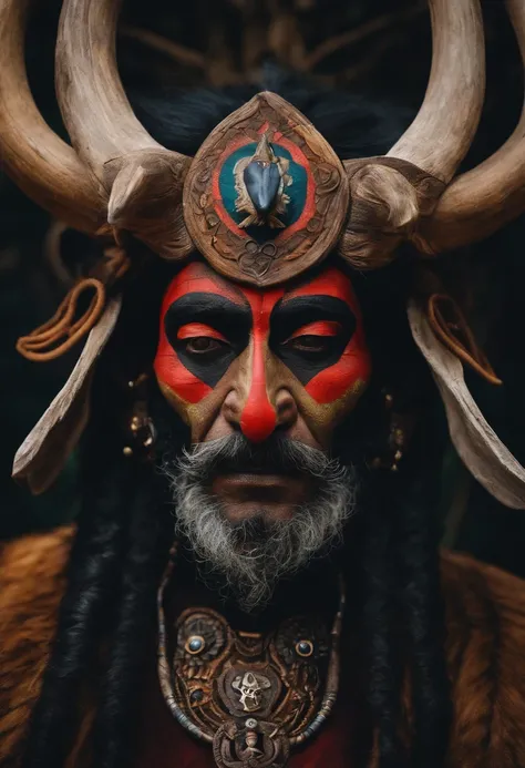 "A fascinating portrait of a mystical shaman wearing a charming wooden mask, Baphomet."