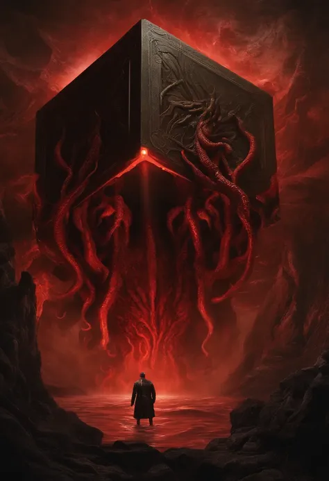 a cube-shaped monster, cube))) Cthulhu Mythos，Specialized in surrealism, Futuristic , coral, wizard, abstracted, Dark, Red,