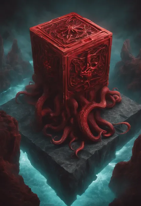 a cube-shaped monster, isometric, Cthulhu Mythos，Specialized in surrealism, Futuristic , coral, wizard, abstracted, Dark, Red, hell,