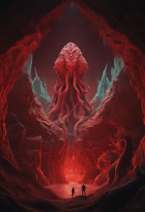 a cube-shaped monster, isometric, Cthulhu Mythos，Specialized in surrealism, Futuristic , coral, wizard, abstracted, Dark, Red, hell,