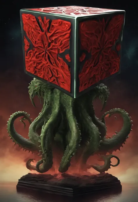 a cube-shaped monster, isometric, Cthulhu Mythos，flesh exture, Specialized in surrealism, Futuristic , coral, wizard, abstracted, Dark, Red, hell,