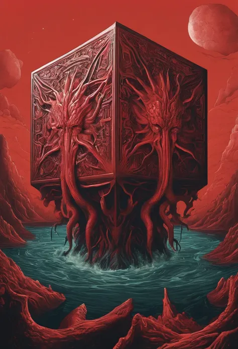 a cube-shaped monster, isometric, Cthulhu Mythos，flesh exture, Specialized in surrealism, Futuristic , coral, wizard, abstracted, Dark, Red, hell,