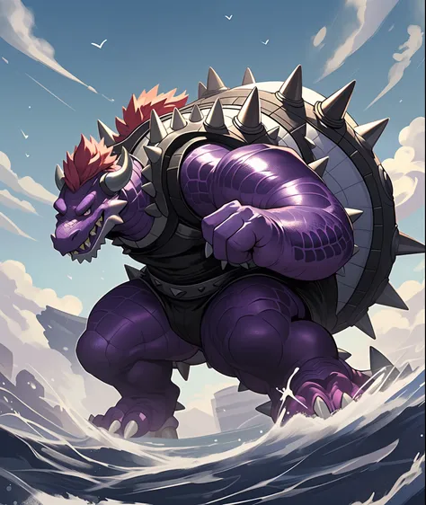 Toothpaste Bowser, dark purple scales and pink underscales, sky-blue toothpaste costume, black shell with dark purple spikes , masterpiece, best quality