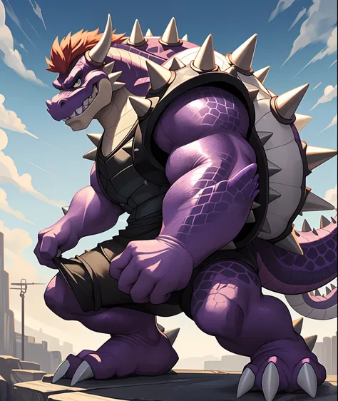 Toothpaste Bowser, dark purple scales and pink underscales, sky-blue toothpaste costume, black shell with dark purple spikes , masterpiece, best quality