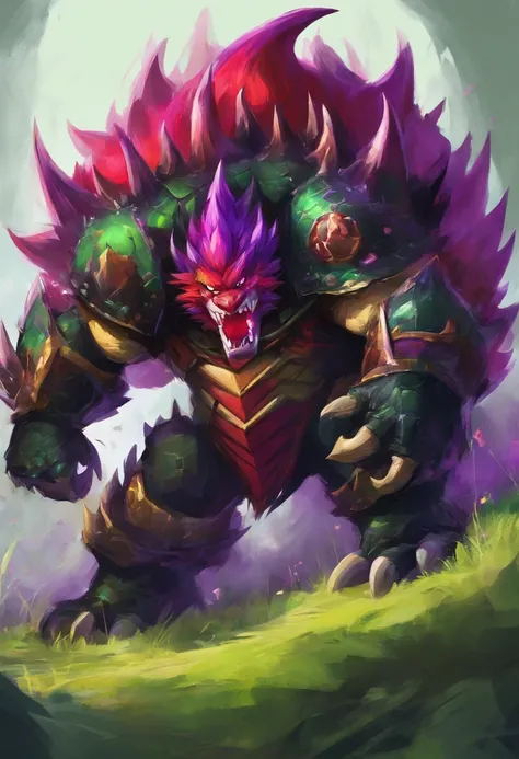 Bowser, bright crimson red scales with black underscales, purple forehead mark on head, grass-like green mane, black shell with purple spikes, arm axe, masterpiece, best quality