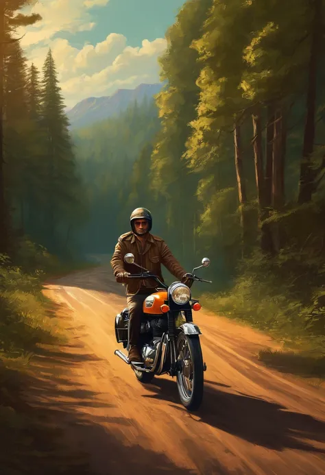 a classic Royal Enfield motorcycle driving down a road near a forest, Dan Mumford Arte do Poster, Drible em destaque, laranja, amarelo, Cores marrom e verde, psychedelic artwork, papel de parede, poster art, digital illustation