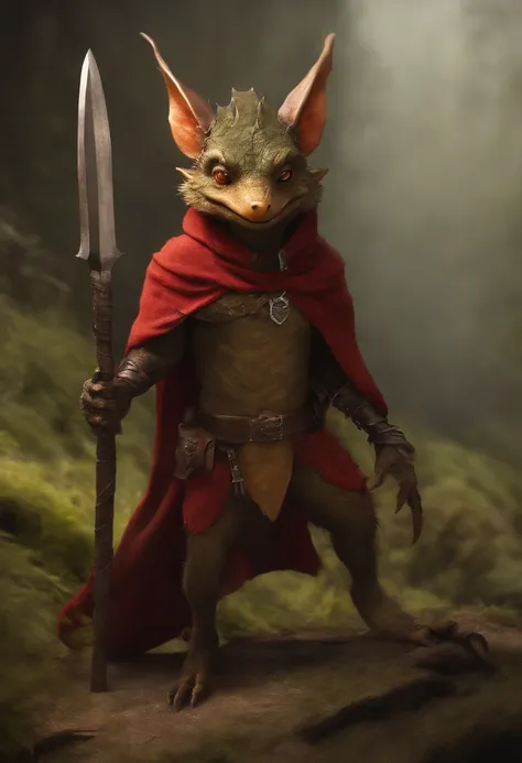 (((by Zackary911, by Kenket, by Kilinah))), solo male, bright orange skin, orange scales, (((Kobold)), (detailed kobold)) wearing a red cloak with a hood, green gem on the collar, bandaged thighs and bandaged chest, muscular toned, squirrel ears, kobold ta...