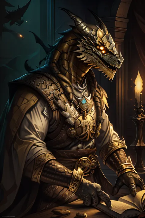 dragonborn de ouro, sozinho, olhos amarelos, macho, sentado, foco masculino, chifres, dente, dentro, armadura, livro, brilhante,...