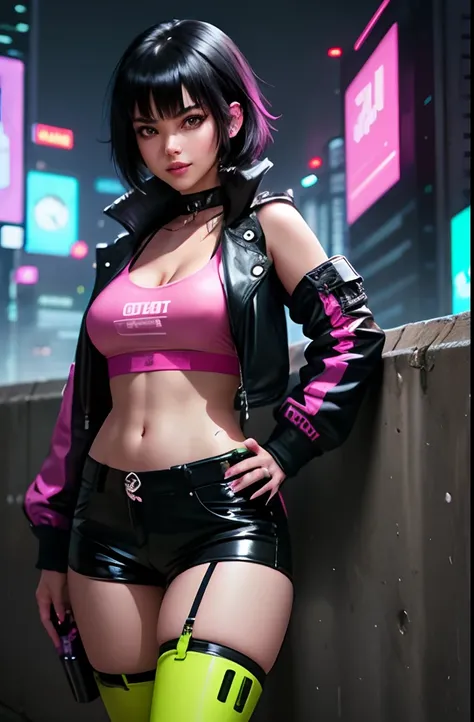 Cyberpunk ; first girl ; leather shorts ; neon green jacket ; mischevious smile ; black hair ; pin-up ; second girl, pink pants, tank top