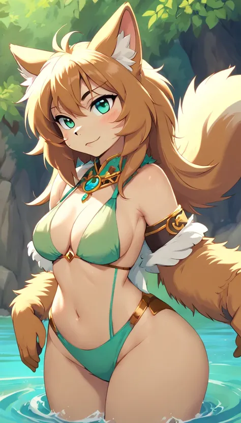 [NSFW:1.9](Furry art, Uploaded on e621:1.4),(fluffy anthro furry:1.6),((Young:1.6)),(Short stature)(Furry girl:1.7),furry gril,Canine nose,Fluffy hair，Voluptious body,Tropical beaches，Dead reservoir water dress，Close-up of half-length shot，(Medium-sized br...