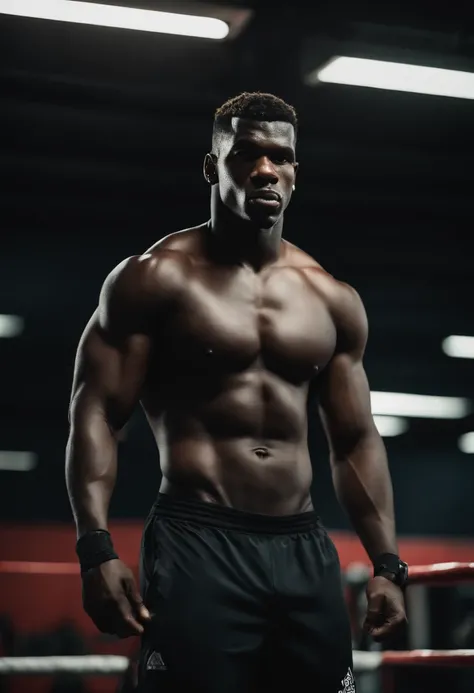 Paul Pogba Bodybuilder, very muscular, shirtless in a gym, looking at the camera, 8k, HD, super realistic, Full body portrait, detailed, black hair, natural lighting, face lighting, Fujifilm XT3, outdoors, bright day, beautiful lighting , RAW photo, 8k uhd...