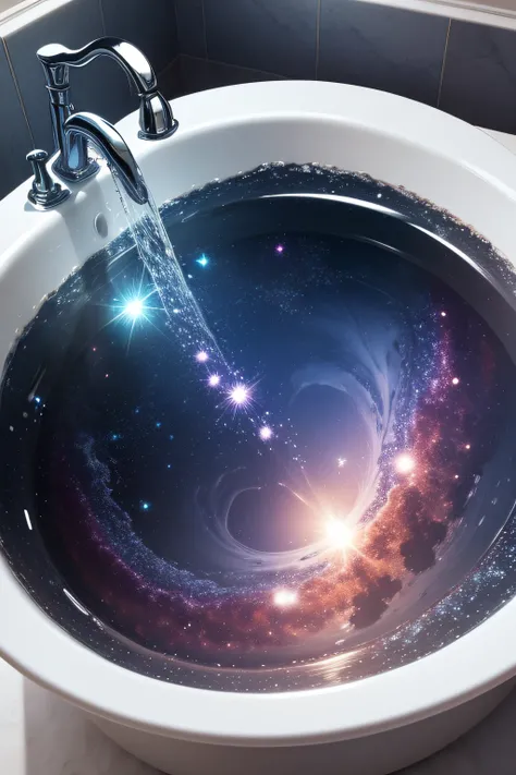 A magnificent close-up bathtub filled with water in which we see the very detailed galaxy mingling with the soap bubble