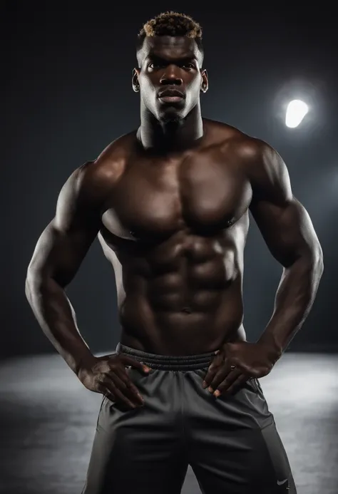 Paul Pogba Fisiculturista, very muscular, sem camisa em uma academia, looking at the camera, 8k, disco Rigido, super realistic, retrato de corpo inteiro, circunstanciado, cabelos pretos, natural lighting, facial lighting, Fujifilm XT3, ao ar livre, dia bri...