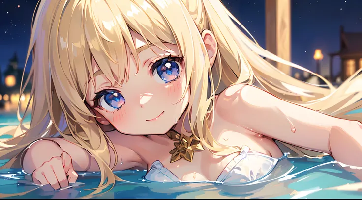 (top quality beautiful illustration),(((cute little loli))),(((tiny loli))),(((little girl))),(((small body))),(((childish face))),(((very fine pretty face))),(blonde long hair),(very detail shiny blue eyes),(seductive),(smile),(large breasts),(white bikin...