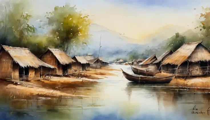 a painting of Inle of MYANMAR, a view of a small village on the banks of a lake with a boat in the water and a few, houses on stilts, of a small village with a lake, floating buildings, waterfront houses, flooded fishing village, sparsely populated, buildi...