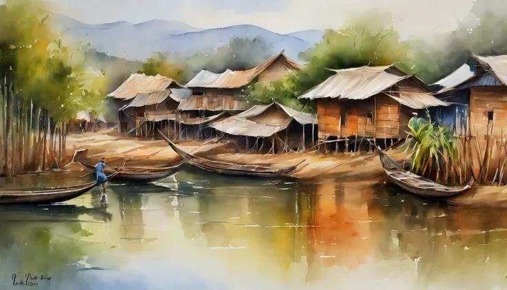 a painting of Inle of MYANMAR, a view of a small village on the banks of a lake with a boat in the water and a few, houses on stilts, of a small village with a lake, floating buildings, waterfront houses, flooded fishing village, sparsely populated, buildi...