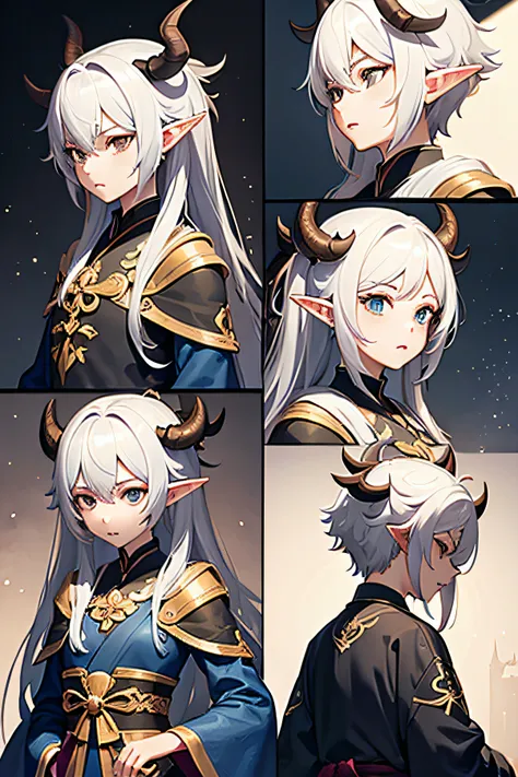 front and back profile of a small boy with horns,wings, tail of a dragon, his feet have claws, long elf ears, intricate costume design, exaggerated expressions, cute expressions, manga inspired, cute, genshin impact inspired, character design, no watermark...