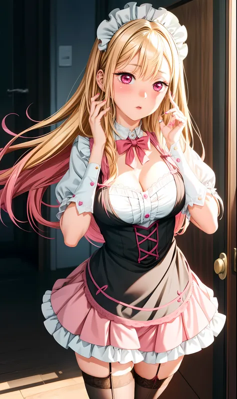 realistic, 1girl, blonde hair, multicoloured hair, pink eyes, black maid uniform, stockings, blush, background grand room