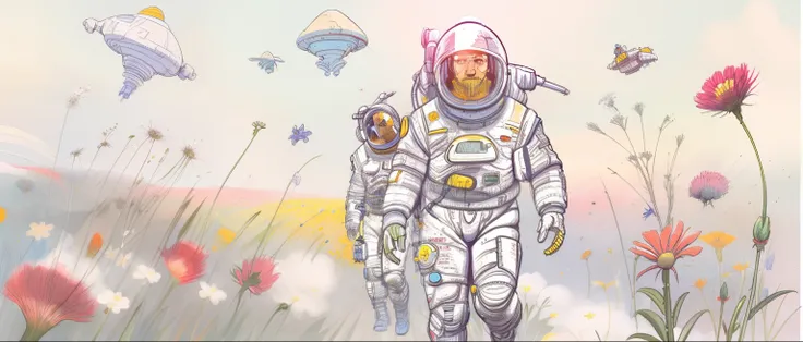 Illustration of a man in a space suit walking through a field of flowers, sci - fi illustrations, sci-fi illustrations, arte sci-fi detalhada, sci - fi illustration, sci-fi illustration, Sci-Fi Digital Art Illustration, arte scifi premiada, muitas flores m...