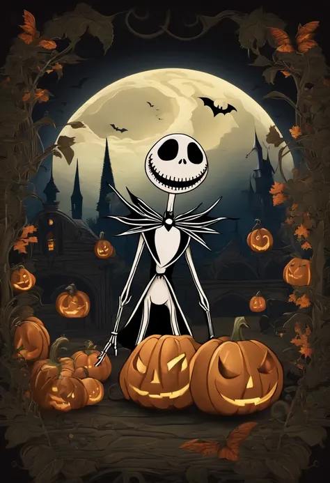 Jack Skellington, laughing, evil, Halloween town, pumpkins, bats, moonlight,