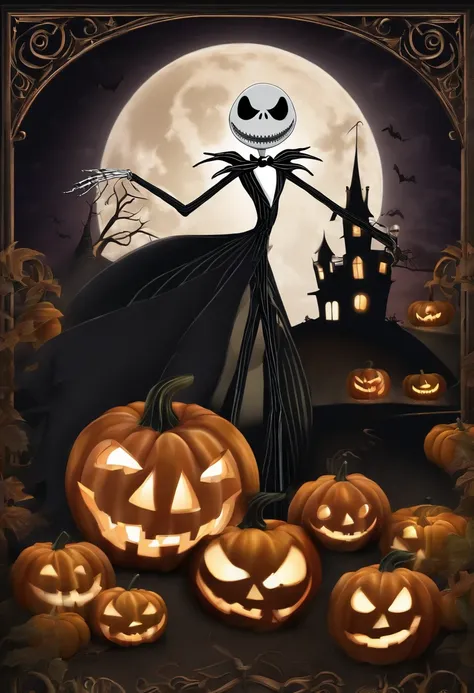 Jack Skellington, laughing, evil, Halloween town, pumpkins, bats, moonlight,