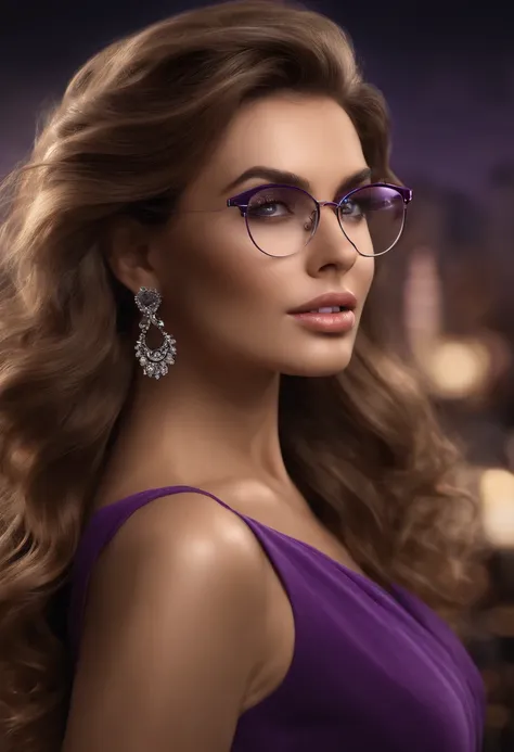 (masterpiece, Best Quality, photorealistic, ultra-detailed, finely detailed, high resolution, 8K wallpaper), 1 beautiful woman, ((full body)), in purple collared blouse, earrings, necklace, light-brown messy hair, perfect dynamic composition, beautiful det...