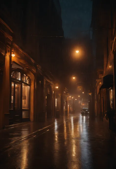 Its a cloudy night sky with heavy rain pouring down on a deserted street. The scene is captured using ray tracing technology, ensuring realistic lighting and shadows. The image is of the highest quality, with ultra-detailed elements and a photorealistic ap...