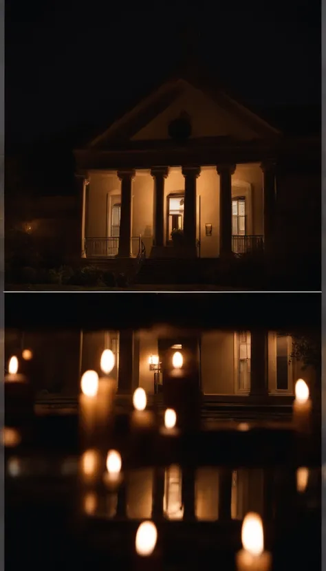 Funeral home at night with lit candles, horror, haunting, gloom, ultra realistic 4k