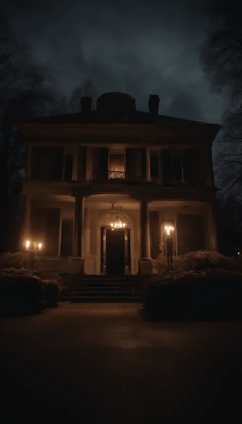 Funeral home at night with lit candles, horror, haunting, gloom, ultra realistic 4k