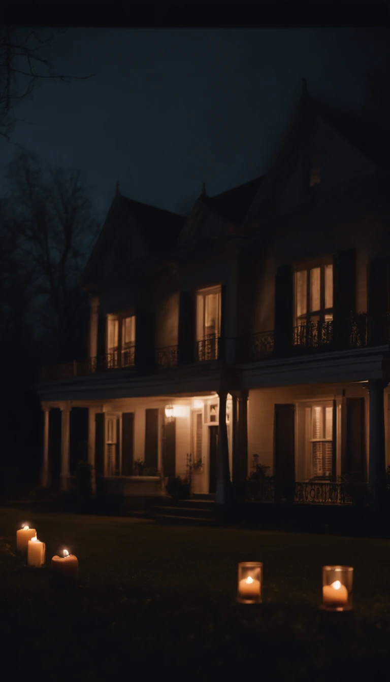 Funeral home at night with lit candles, horror, haunting, gloom, ultra realistic 4k