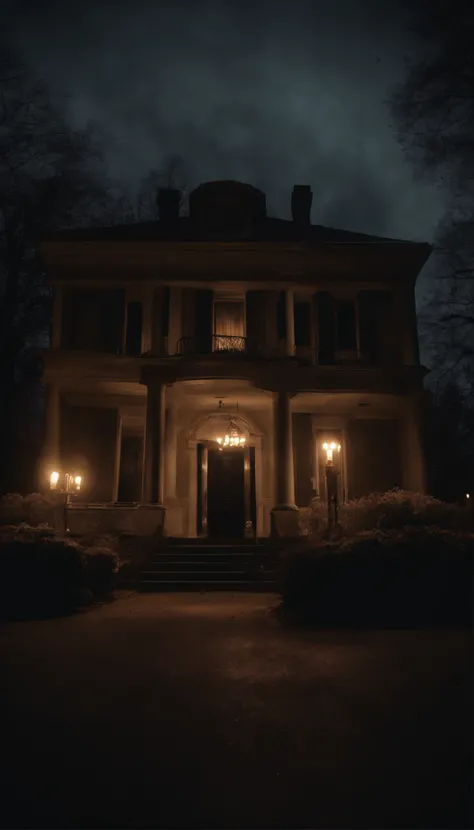 Funeral home at night with lit candles, horror, haunting, gloom, ultra realistic 4k