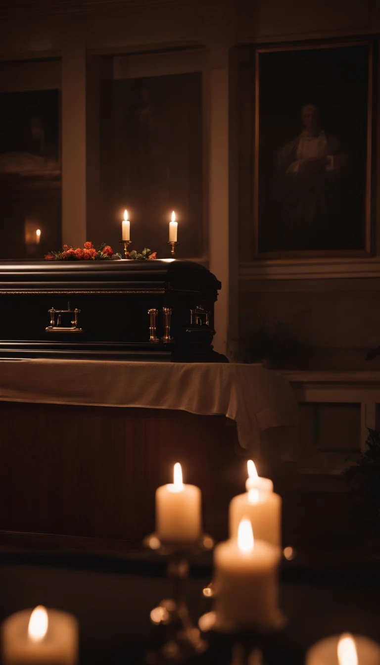 interior of a funeral home at night with lit candles, coffin with bodies, horror, haunting, gloom, ultra realistic 4k