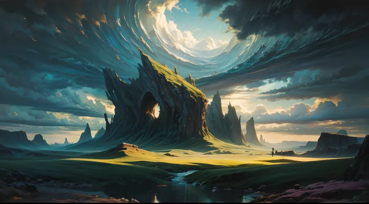 An abstract landscape in oil paints, which creates a surreal atmosphere.