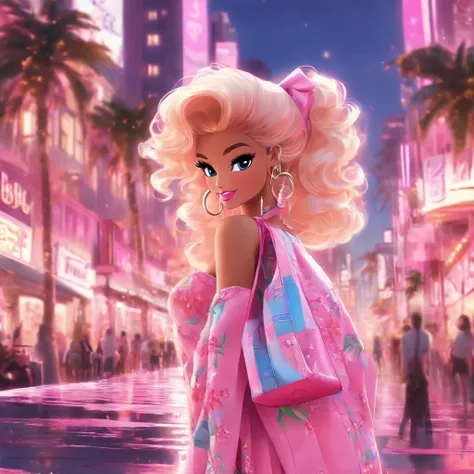 Make another scene with the same style, Barbie is now outside the perfume shop, Now shes holding a perfume shop bag, She was about to get in the car, Her car is a C1 Corvette, Pink and white, C1 Corvette, She wore a pink and white plaid dress，The backgroun...