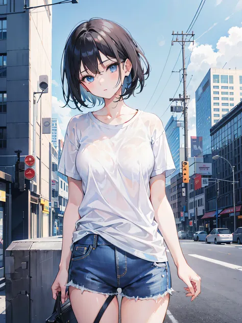 1girl, short black hair, blue eyes, wearing plain white shirt, denim shorts, city, absurdres, high res, ultrasharp, 8K, masterpiece, looking at viewer