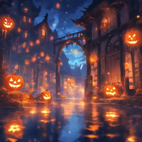 Halloween Floating Lights, Cinematic light and reflection, glowing lights, Intermediate metaverse elements，Digital Painting, Glowing reflections, pondering, Halloween Jack-o-lantern, calm night, Digital Illustration, Beautiful atmosphere, Skylight at night...