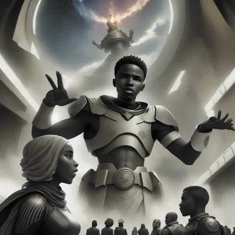 Titre du livre : "Revolution in Star Land"Prompte : "Create an epic cover image for Revolution in Starland, a captivating narrative set in a futuristic and hierarchical Burkina Faso. The image must reflect the story of two heroes, Aminata et Moussa, who fi...